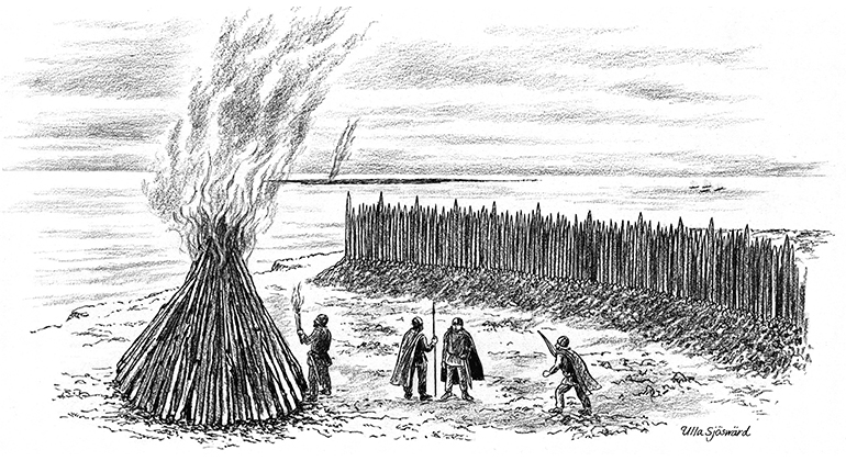 Illustration av hur en fornborg kan ha sett ut med träpalissader på stenmurarna. 