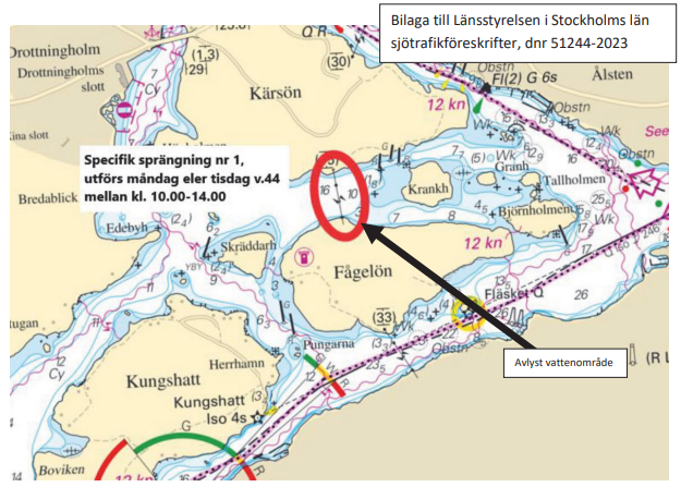 Kartbilaga till Länsstyrelsen i Stockholms läns föreskrifter om avstängning av vattenområde med anledning  av sprängningsarbeten, Ekerö kommun, 01FS 2023:26.