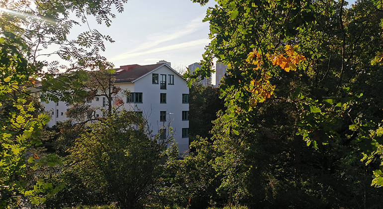Vitt flerbostadshus inbäddat i grönska, tidig höst.