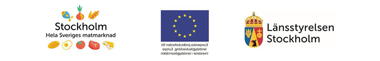 Logotyper Länsstyrelsen Stockholm, den regionala livsmedelsstrategin för Stockholms län, EU:s jordbrukspolitik