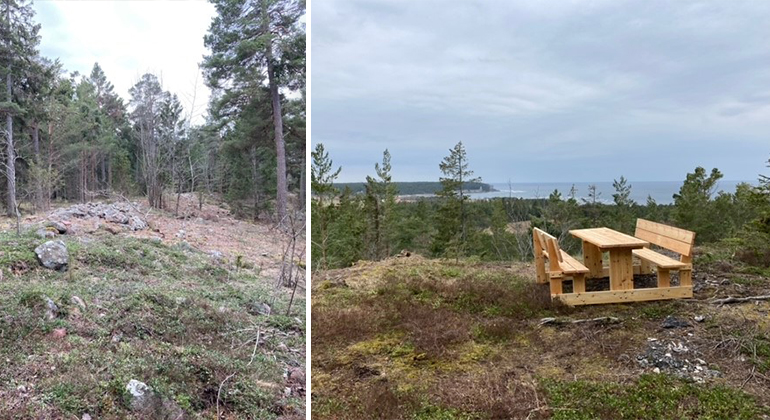 Montage av två bilder. Den första visar en stensättning i skogsmiljö. Den andra visar ett bänkbord i trä på en kulle eller klintkant med utsikt över hav och kust.