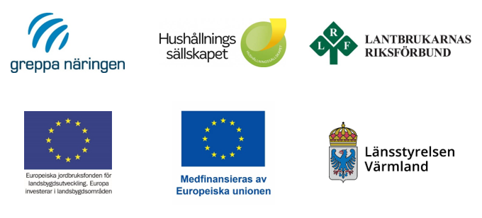 Logotyper för Greppa Näringen, Europeiska jordbruksfonden för landsbygdsutveckling, Länsstyrelsen Värmland, Hushållningssällskapet och LRF. Även en gemensam logotyp för flera EU-fonder.