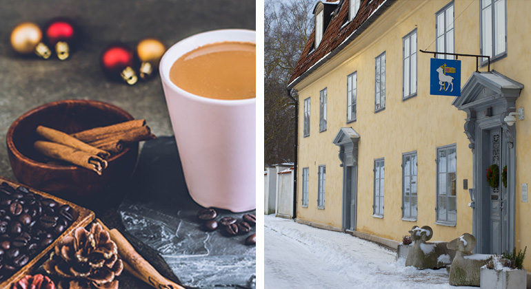 Montage med bild av en kaffekopp omgiven av juldekoration och en bild på residenset med snö på gatan.