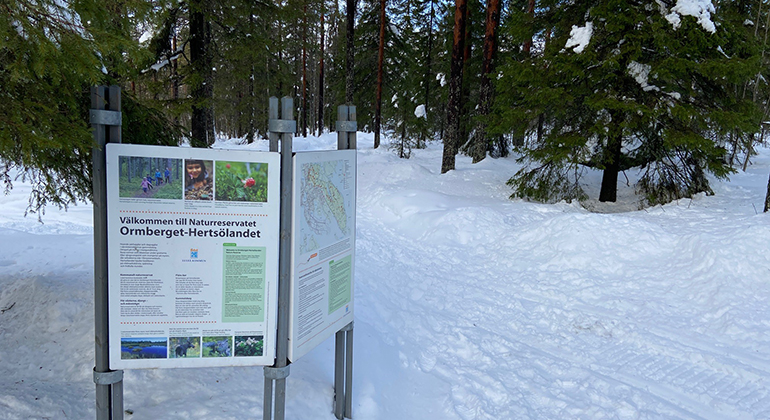 En informationsskylt i snöigt landskap med skog bakom. 