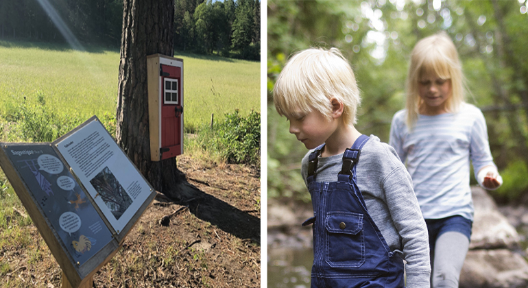 Collage, två barn i natur och en sagobok på ett ställ vid ett träd.