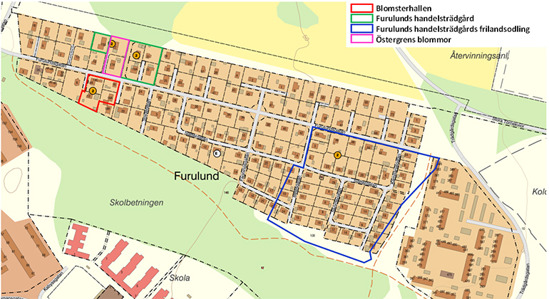Kartbild över bostadsområdet Furulund i Visby. Fyra områden på kartan är inringade. Det är där det tidigare bedrivits handelsträdgårdar.