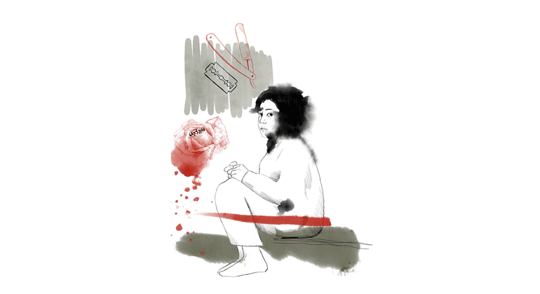 Illustration av en flicka som sitter med rosor och rakhyvlar omkring sig. 
