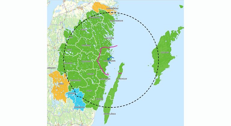 En karta över Kalmar och Gotlands län som visar gränserna för inre och yttre beredskapszon och planeringszon för Oskarshamns kärnkraftverk. Kartan visar att hela Gotland ingår i planeringszonen.