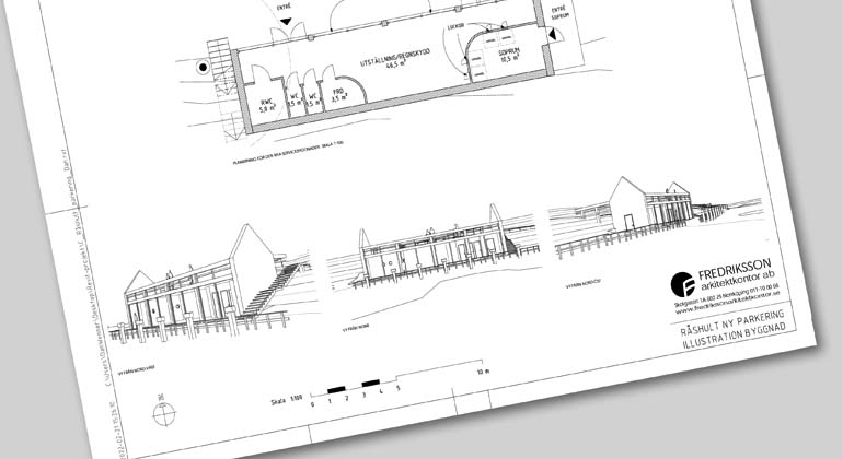 En ritning över servicebyggnad som planeras vid parkeringen i kulturreservatet komministerbostället Råshult. Ritning: Fredrikssons arkitektkontor, Norrköping.