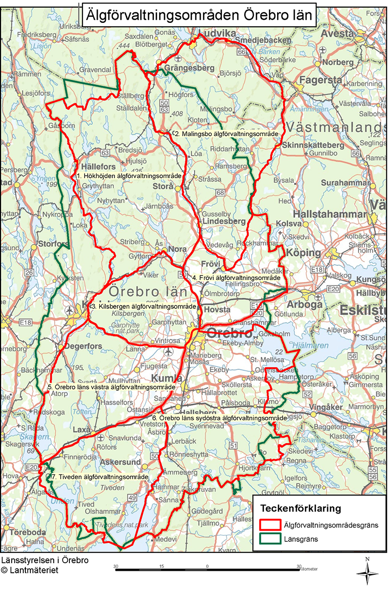 Karta över länets älgförvaltningsområden. Från norr till söder: Malingsbo, Hökhöjden, Frövi, Kilsbergen, Örebro läns västra, Örebro läns östra och Tiveden.