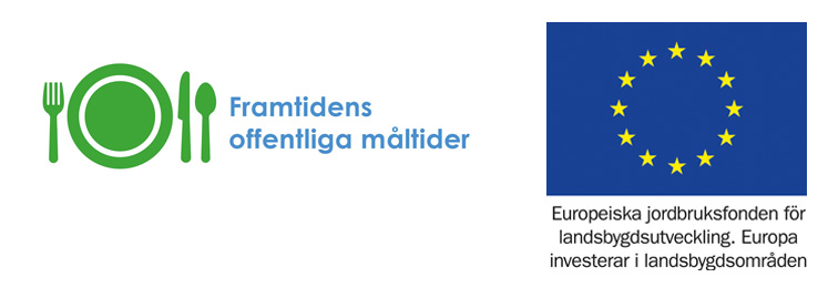 Logotyp för Framtidens offentliga måltider som föreställer en tallrik med bestick, samt logo för europeiska jordbruksfonden.