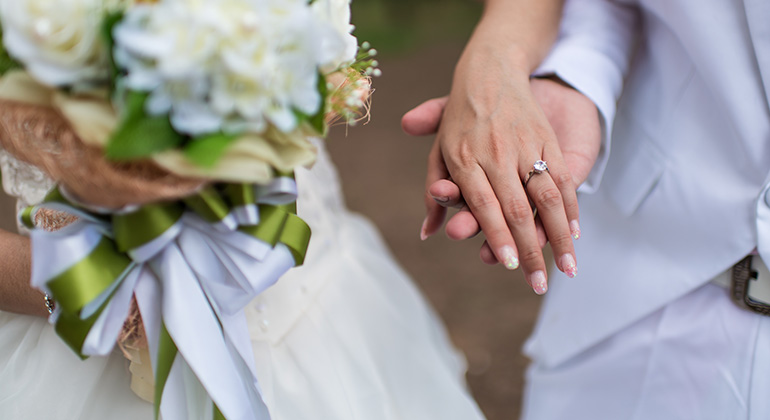 Ett brudpars händer i närbild. En hand håller en brudbukett och vigselringen visas på den andra som hålls fram av partnern.