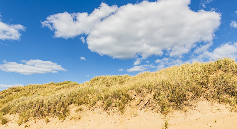 Vita moln på en blå himmel ovanför en sanddyn. 