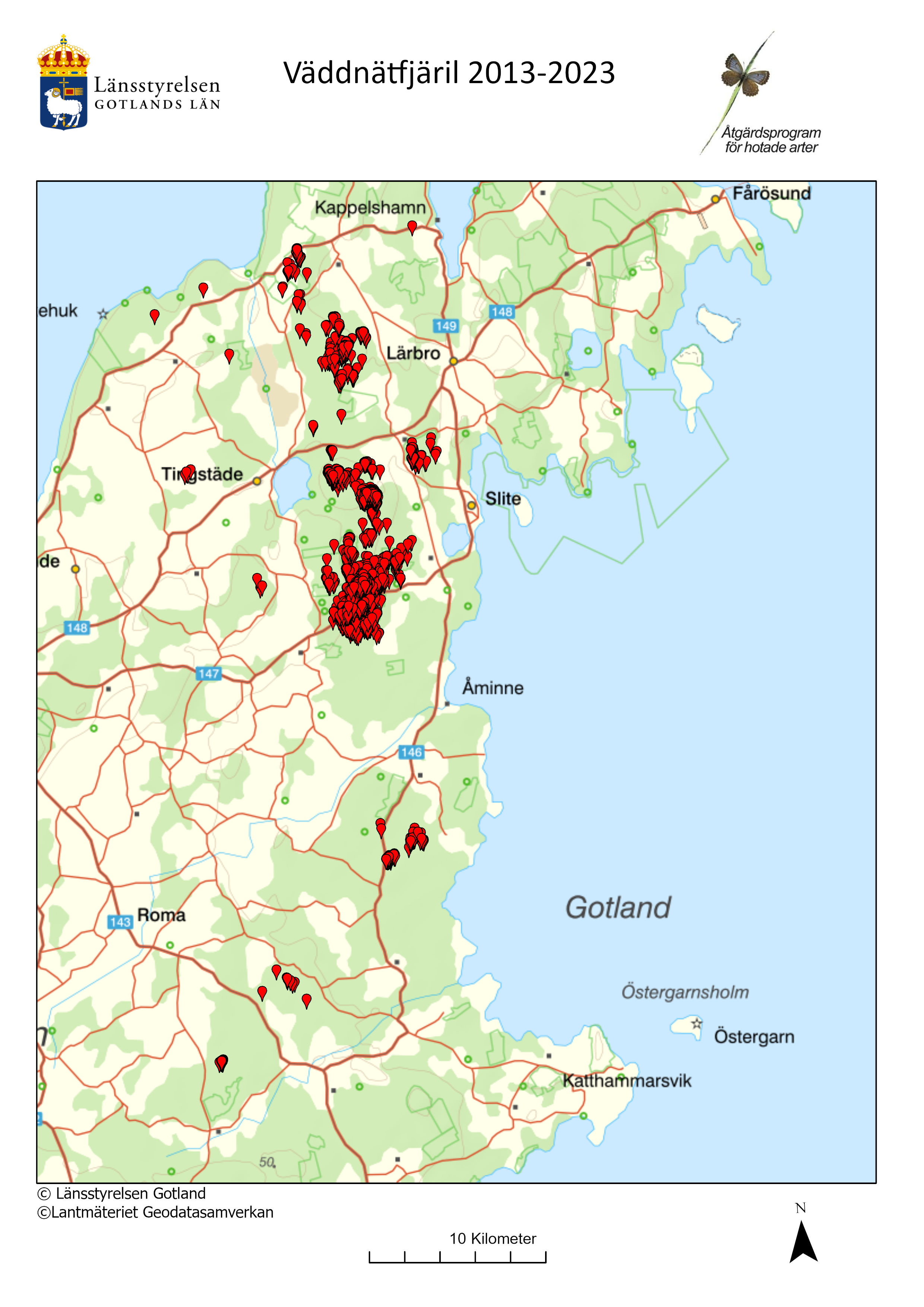 Väddnätfjäril på Gotland, karta