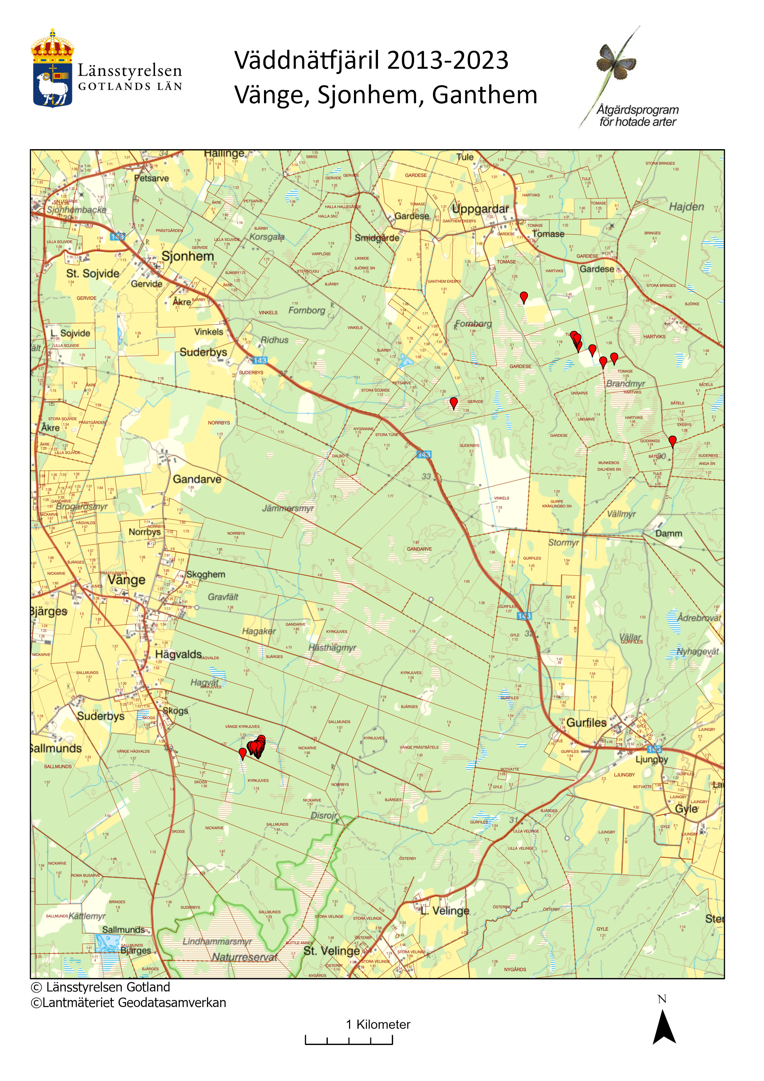 Karta över fynd av väddnätfjäril 2013-2023