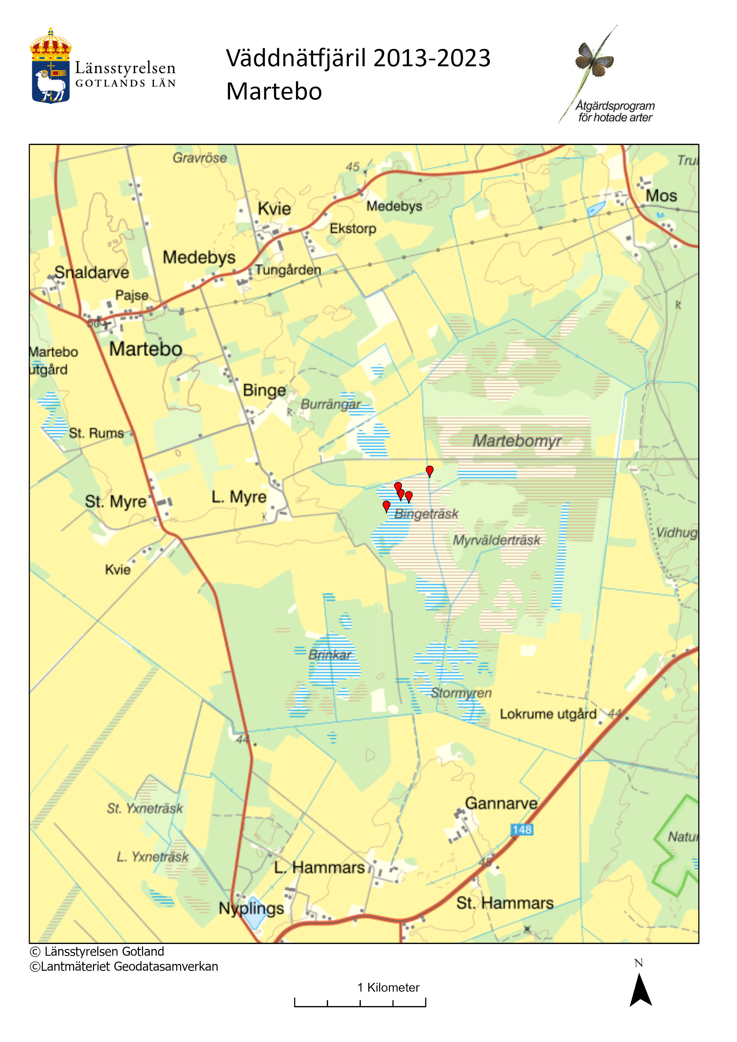  Karta över fynd av väddnätfjäril 2013-2023