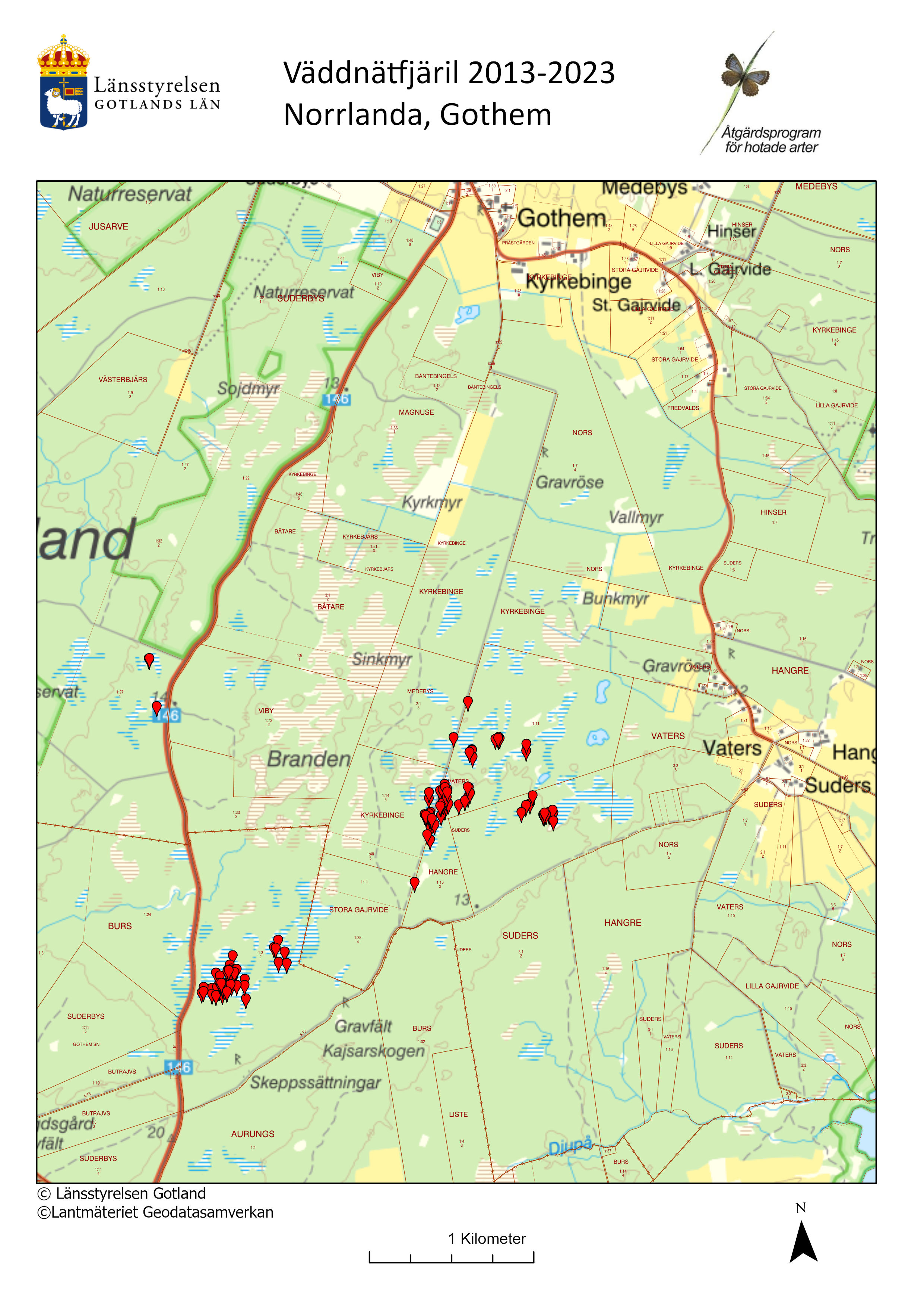Karta över fynd av väddnätfjäril 2013-2023