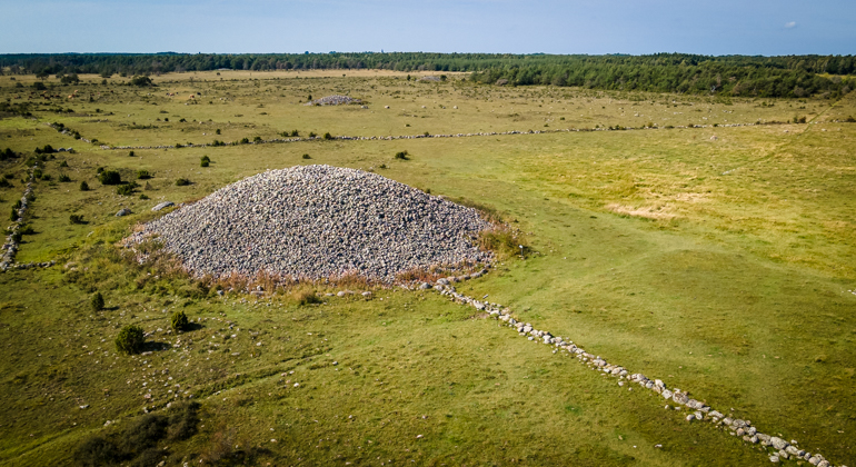 Flygfoto över stenröset Uggarde rojr. Röset är placerat på gräsmark, betesmark och i bild syns flera stengärdesgårdar och även ytterligare två rösen i bakgrunden.