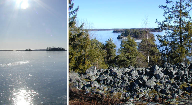 Fornborg och Mälaren med istäcke i naturreservatet Grönsö