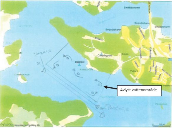 Karta över avlyst vattenområde. Bilaga 1 till Länsstyrelsen i Stockholms läns beslut, dnr 2589-53200-2019.