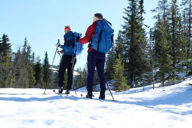Två personer med ryggsäck åker skidor i ett snötäckt landskap omgivna av skog