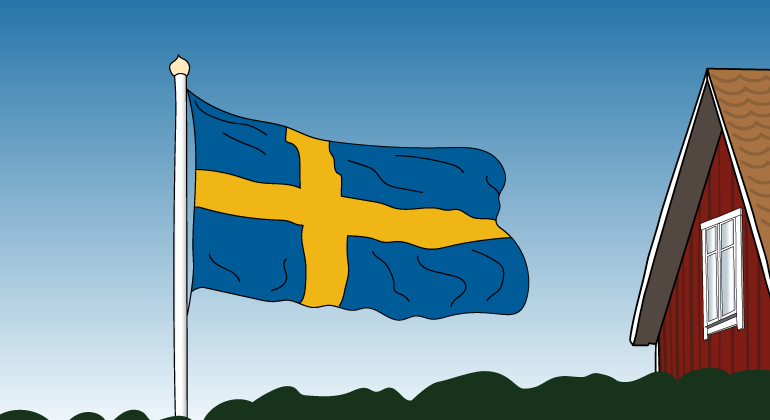 Illustration med svensk flagga och röd husgavel mot blå himmel.