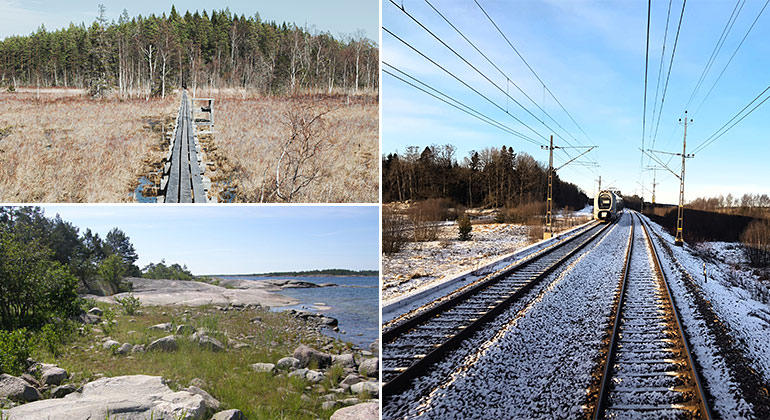 Naturbilder och tåg i kollage till åtgärdsprogram för miljömål 