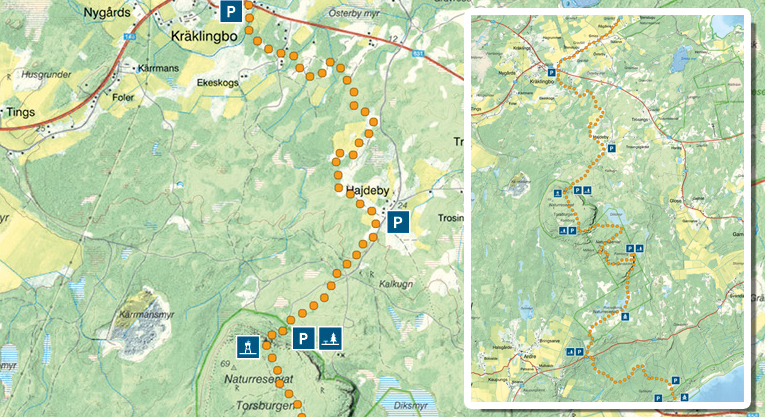 Kartbild över området mellan Kräklingbo och Torsburgen. En vandringsled är markerad med orangea prickar. 