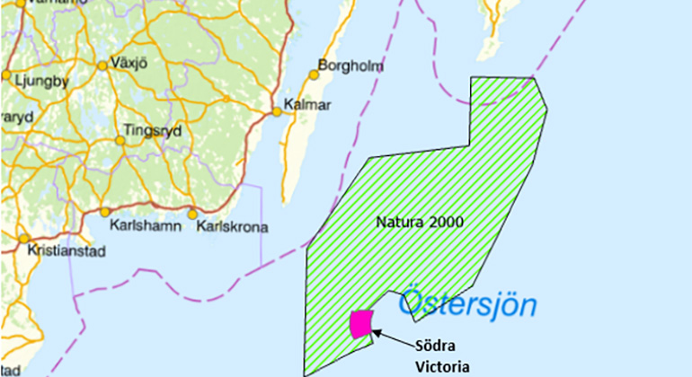 Karta vindkraftsparken Södra Victorias område kontra Natura 2000-området i Östersjön söder om Öland