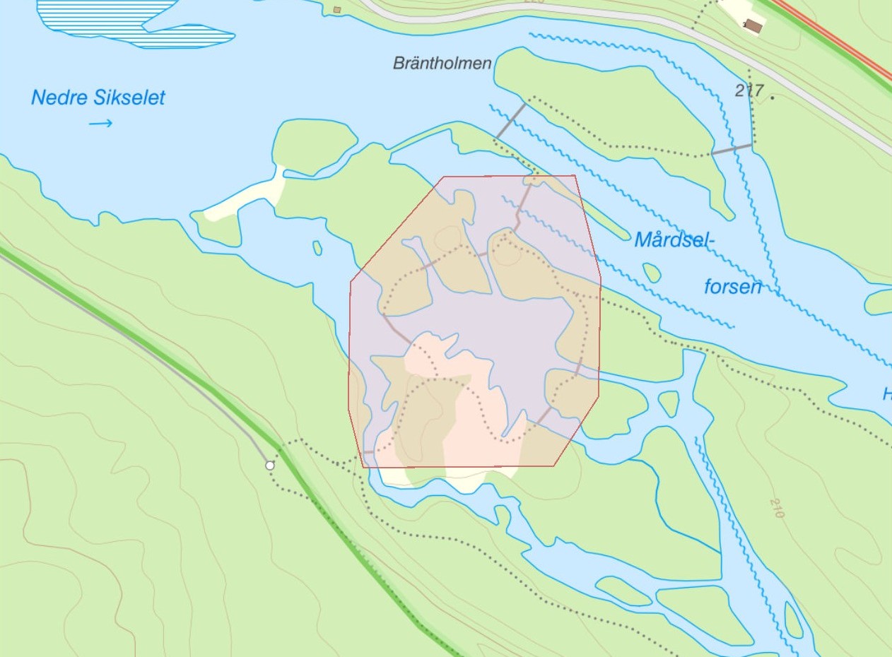 Karta över område med stängda broar i Mårdsele naturreservat.