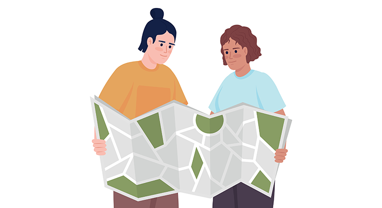 Två personer tittar på en karta, illustration.