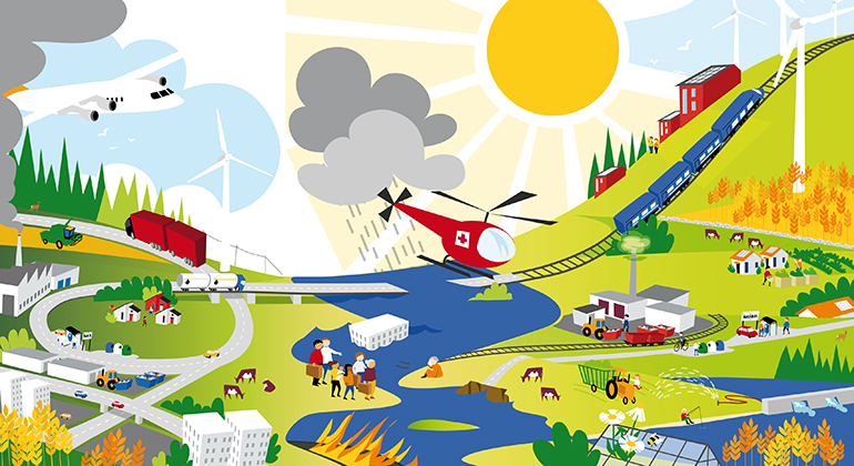 Illustration som ska föreställa ett klimat i förändring. Illustrationen visar bland annat sol, moln med regn, vindkraftverk, flygplan, helikopter, tåg, åker och växter, växthus, markbrand, översvämning, hus, människor och djur.
