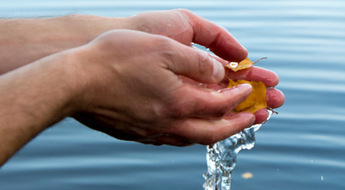 Två händer som tar upp vatten från en sjö.