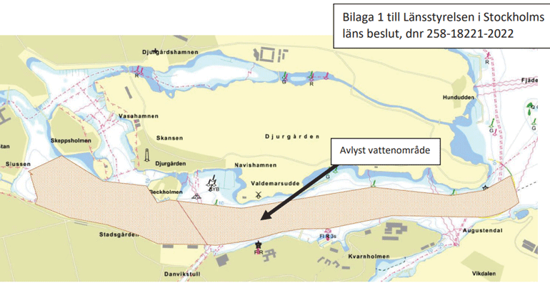Karta över avlyst vattenområde söder om Djurgården i Stockholm. Bilaga till Länsstyrelsen i Stockholms läns beslut, diarienummer 258-18221-2022.