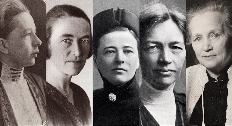De fem första kvinnorna i riksdagen: Elisabeth Tamm, Nelly Thüring, Bertha Wellin, Kerstin Hesselgren och Agda Östlund. Kollage: Demokrati100. Foto: Riksdagsförvaltningen