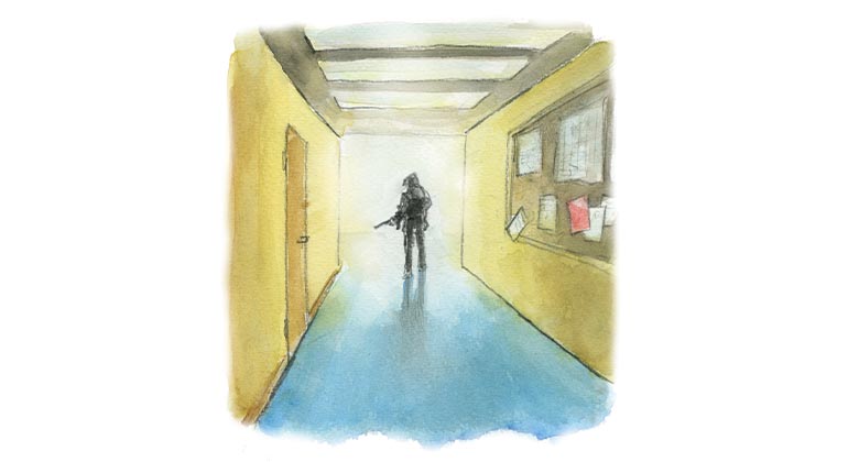 Illustrerad bild på en person som går i en korridor med ett vapen. 