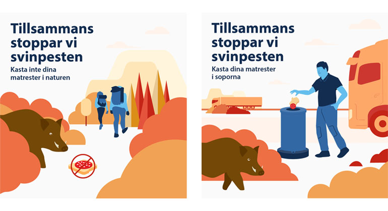 Illustration som visar vildsvin, en överkryssad smörgås, två vandrare och en man som slänger matavfall i en soptunna. Text: Tillsammans stoppar vi svinpesten.