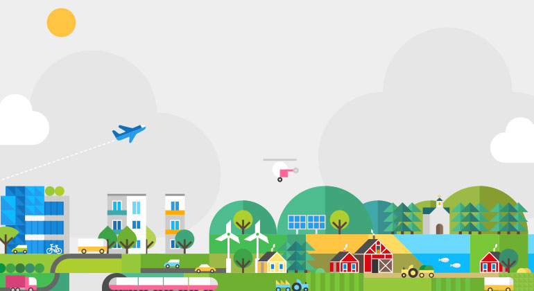 Illustration på ett samhälle med bland annat flygplan, hus, träd och vatten.