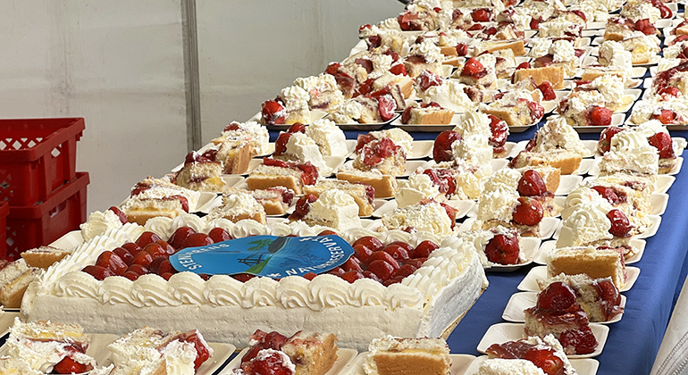 En stor jordgubbstårta med grädde och logotypen för Stendörren 50 år ligger på ett bord omgiven av hundratals tårtbitar på små fat.