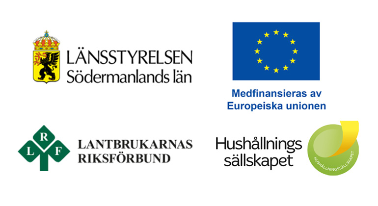 Logotyper för Länsstyrelsen i Södermanland, Hushållningssällskapet, Lantbrukarnas Riksförbund och EU.