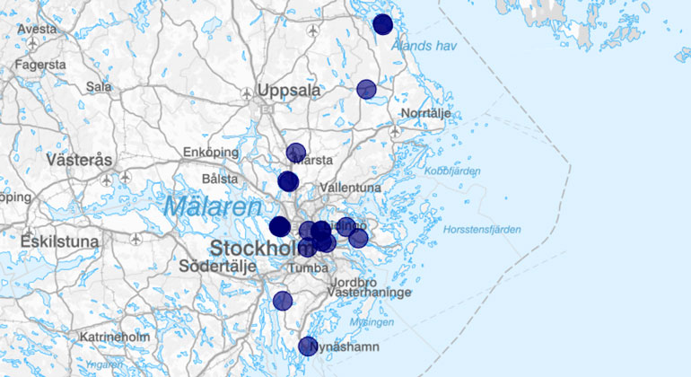 Karta över Stockholms län med blå punkter inlagda.
