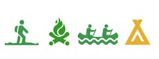 Symbol vandra, elda, paddla grön. Tälta gul