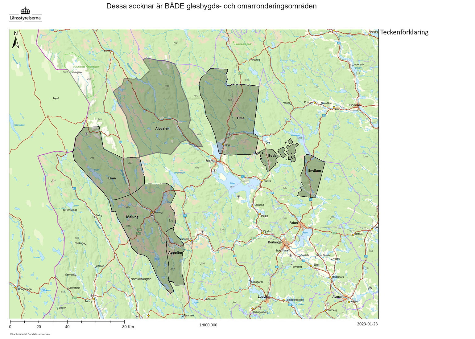 Kartbild med Dalarnas glesbygds- och omarronderingsområden. 