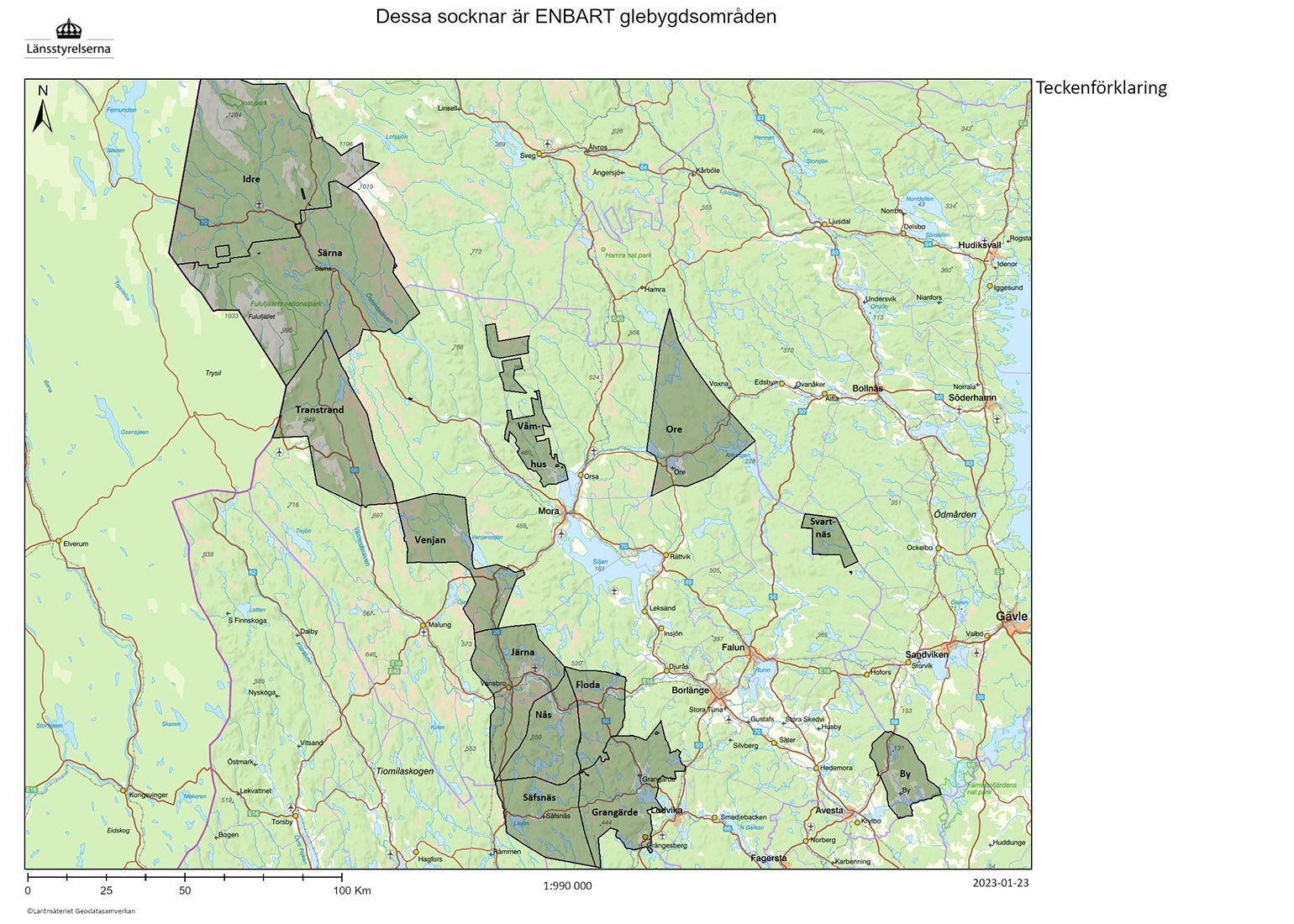 Kartbild över socknar som är enbart glesbygdsområden. Områdena finns beskrivna i text under rubriken Glesbygdsområden.