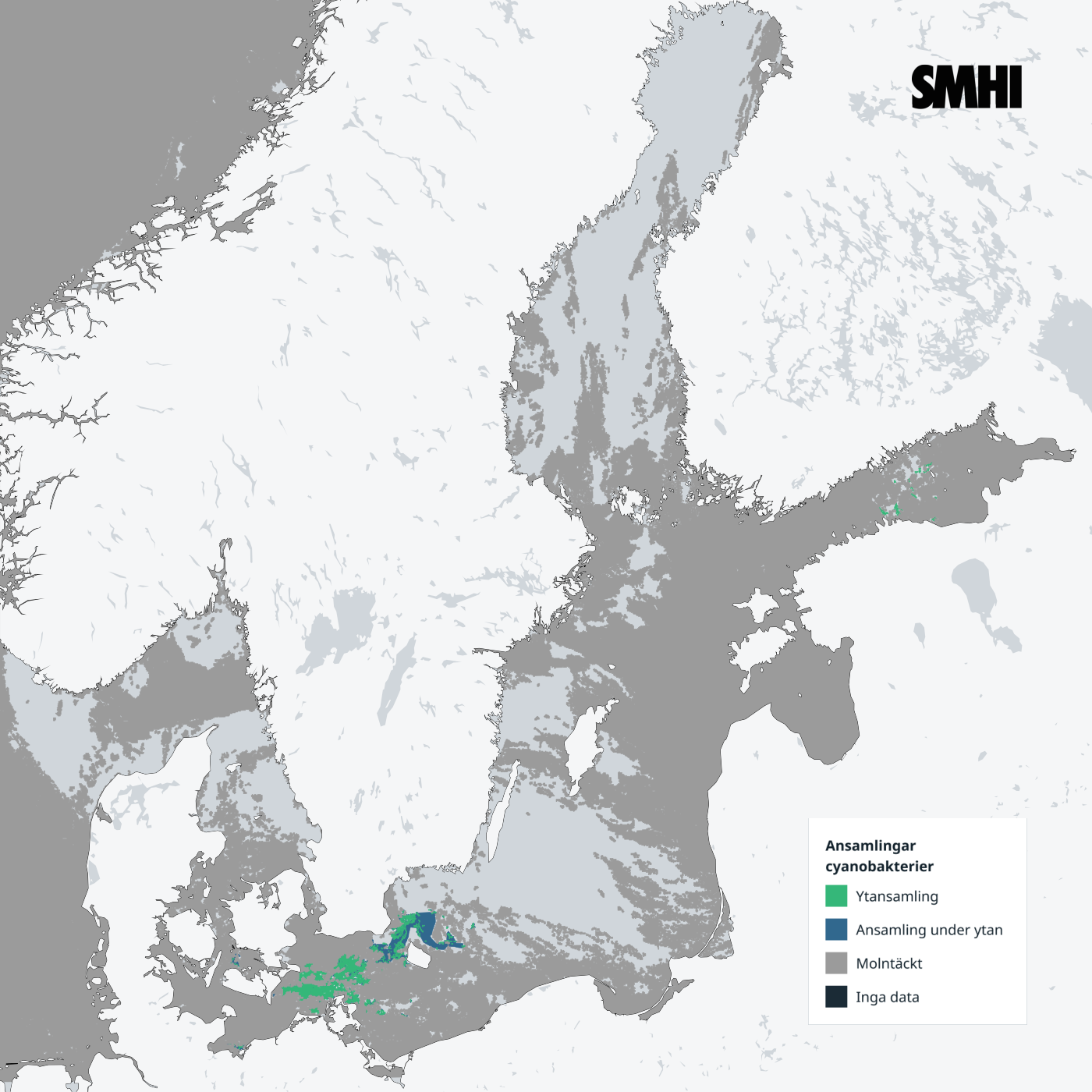 Kartan visar ytansamlingar av cyanobakterier i södra och sydvästra Östersjön. Källa: SMHI.