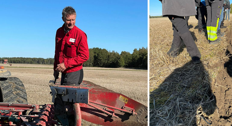 Ett kollage med två bilder: Till vänster står en man i röda kläder och till höger är en en närbild på en brun, gul åker med flera ben och fötter från folk som står.