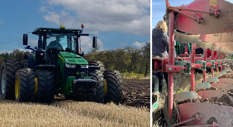 Ett kollage med en närbild på en grön traktor till vänster och en närbild på redskap till traktorn på högersidan