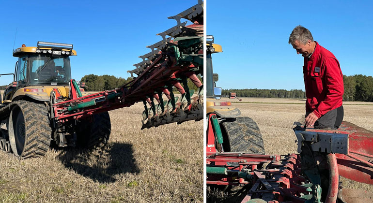 Kollega med två bilder: Till vänster står en traktor med uppfälld plog och till höger står en man med röda kläder nära en plog.