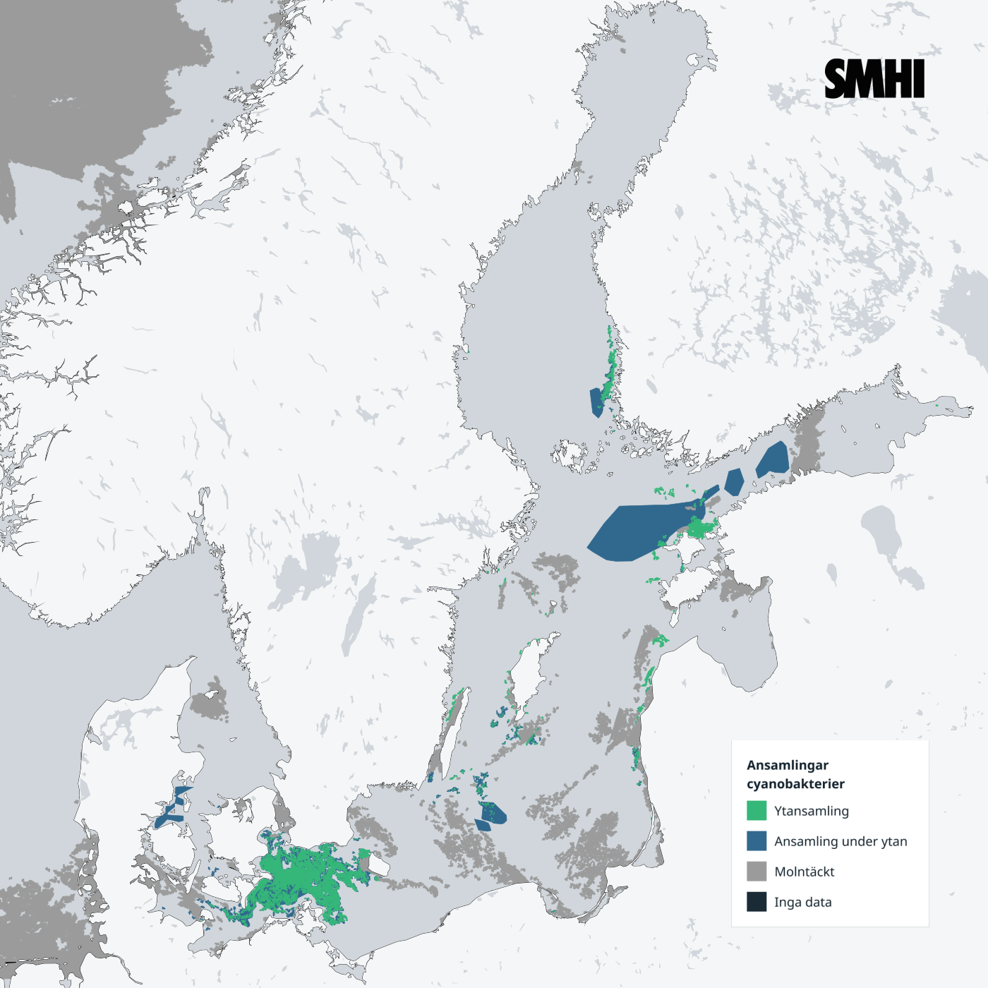 Cyanobakterier från sydvästra till norra Östersjön, i Öresund och Skärgårdshavet. SMHI.