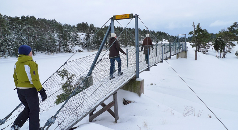 Människor går över bro med snö